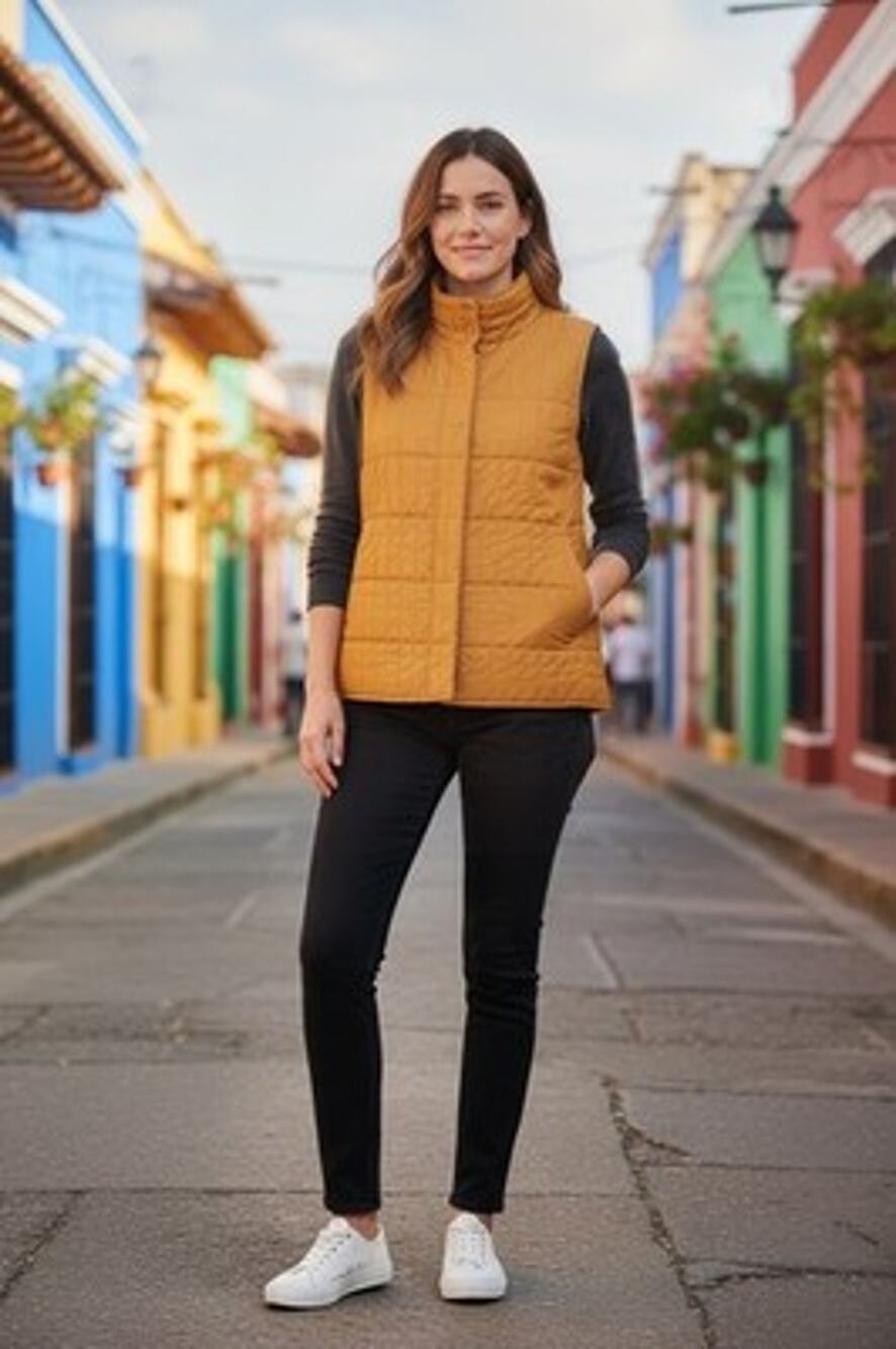 EILEEN FISHER Camel Mustard Gold Recycled Nylon Channel Quilted Vest XL $276
